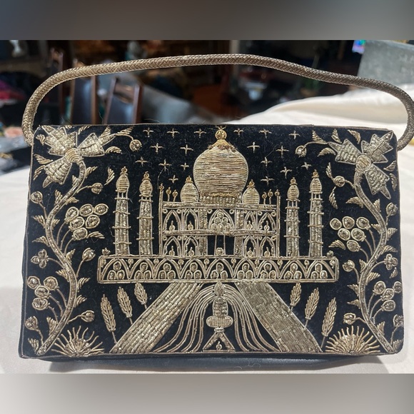 Vintage Black Velvet Evening Clutch With Double Beaded Raised Scenic Taj Mahal - Picture 2 of 16